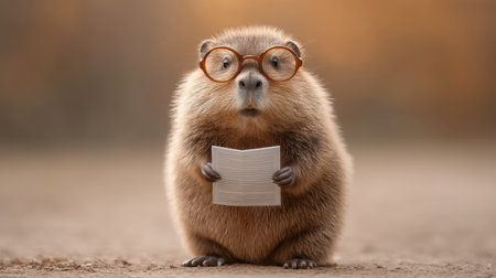 A charming and quirky image of a small furry animal wearing glasses and holding a book, set against a softly blurred background that evokes warmth.の素材