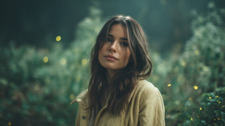 A beautiful young woman stands in a lush forest, bathed in soft light, showcasing her natural beauty and calm presence in a tranquil outdoor setting.の素材