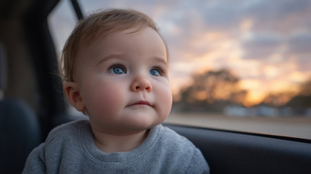 A charming baby gazes out the car window, captivated by a stunning sunset. This heartwarming scene captures the essence of childhood wonder and innocence.の素材
