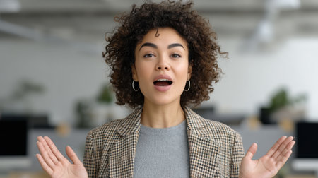Vibrant young woman showcases joy in a modern office setting, embodying professional energy and positivity through expressive gestures and a confident smile.の素材