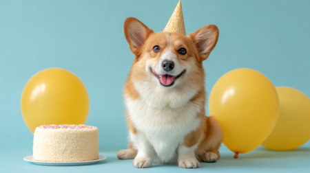 A cheerful corgi dog wearing a party hat sits beside a birthday cake and bright yellow balloons, embodying a festive and joyful celebration in a playful blue background.の素材