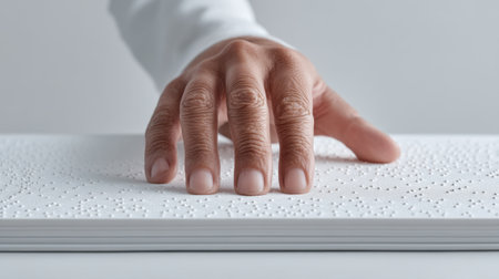 A human hand gently touches a textured braille surface, symbolizing access and inclusivity in education for visually impaired individuals. The tactile experience promotes awareness and understanding.の素材