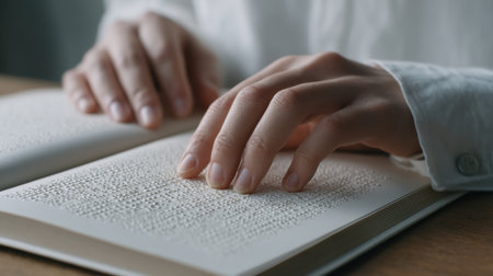 A serene image of hands gently interacting with braille text in an open book, showcasing the beauty of tactile reading and the importance of accessibility in literature.の素材