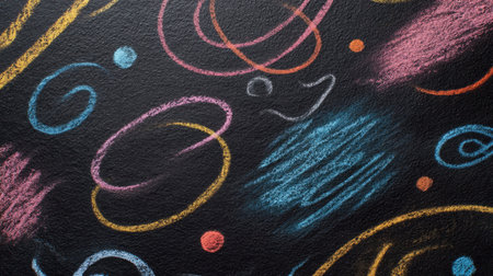 This vibrant abstract background features playful chalk scribbles in various colors on a black chalkboard surface, perfect for creative projects and educational themes.の素材