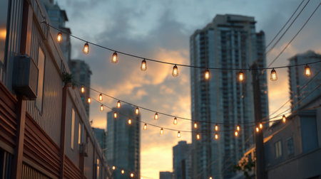 A picturesque urban alleyway adorned with warm string lights, leading to towering skyscrapers at sunset, creating a delightful and inviting atmosphere for evening exploration.の素材