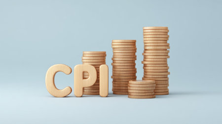 This image features wooden letters spelling CPI alongside neatly stacked coins, illustrating themes of financial growth, data analysis, and economic indicators in a modern design.の素材