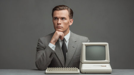 A thoughtful businessman poses with a retro computer, suggesting a blend of past and future trends in technology and professional attire in a minimalistic setting.の素材