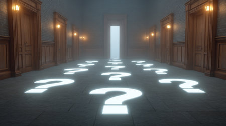 A captivating and mysterious hallway illuminated by glowing question marks on the floor, leading to an open door that invites exploration into the unknown.の素材