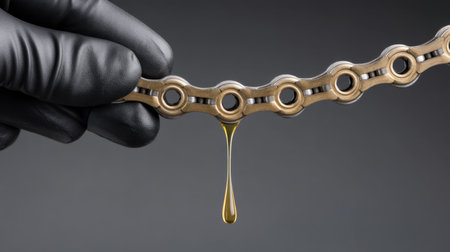 A detailed view of a hand in a black glove holding a bicycle chain dripping with lubricant oil, perfect for illustrating maintenance and repair in cycling photography.の素材