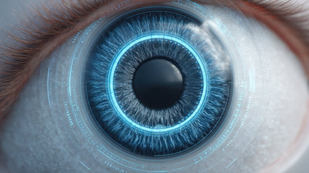 A close-up image of a human eye featuring intricate details and digital enhancements, representing the blend of nature and technology for visionary projects.の素材