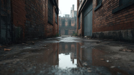 Explore a haunting urban alley filled with rainwater puddles reflecting the gritty charm of old brick structures, evoking feelings of solitude and nostalgia.の素材