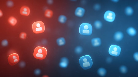 This vibrant illustration depicts colorful floating icons representing user profiles in a digital realm, highlighting the essence of community connection and interaction.の素材