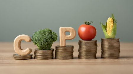 This image creatively combines vegetables and coins to illustrate the relationship between health and finance, emphasizing the importance of nutritious choices for a successful lifestyle.の素材