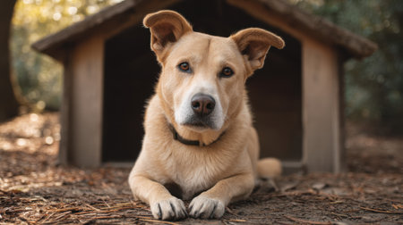 A serene golden dog lounges comfortably in front of its doghouse, basking in the soft sunlight of a tranquil forest. Perfect for pet and nature themes.の素材