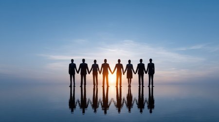 A group of diverse business people stands together, holding hands at sunset by the water. The image symbolizes unity, teamwork, and collaboration in a serene atmosphere.の素材