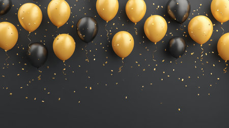 A vibrant display of golden and black balloons, accompanied by sparkling confetti on a dark surface, perfect for enhancing the festive atmosphere of celebrations and events.の素材