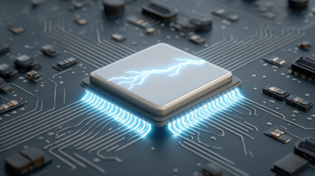 A striking microchip sits at the center of a circuit board, with electric sparks emanating from it, illustrating the integration of advanced technology in modern electronics.の素材