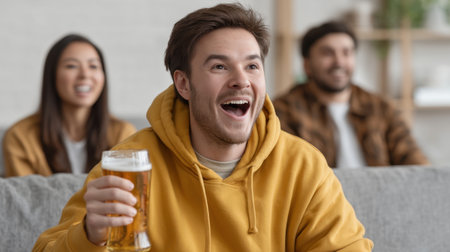 A cheerful young man enjoys a beer in a cozy living room, surrounded by friends as they share laughter and moments of joy while watching entertainment together.の素材