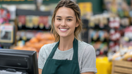 A cheerful young female cashier stands at her checkout counter in a grocery store, exuding warmth and friendliness while assisting customers in a vibrant, busy environment.の素材