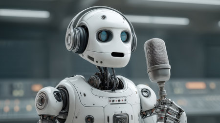 A friendly robot wears headphones and sings into a microphone in a futuristic environment, embodying creativity and advanced technology in the realm of robotics.の素材