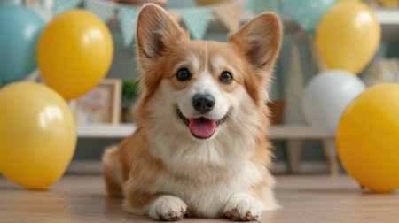 A joyful corgi dog poses among colorful balloons in a festively decorated indoor space, capturing the spirit of celebration, fun, and companionship.の素材