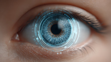 A close-up of a human eye enhanced with futuristic digital elements, showcasing a unique blend of biological beauty and advanced technology, symbolizing innovation and vision.の素材