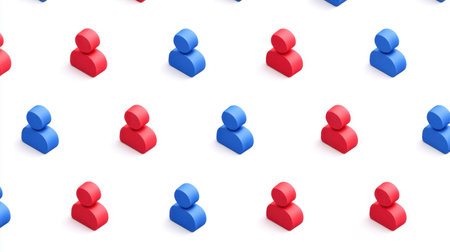 This image features a vibrant pattern of 3D human figures in red and blue hues, representing diversity and community in a modern and artistic style. Perfect for creative projects.の素材