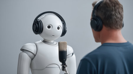 A humanoid robot wearing headphones interacts with a person in a minimalist studio, highlighting themes of technology, communication, and human-robot relationships.の素材