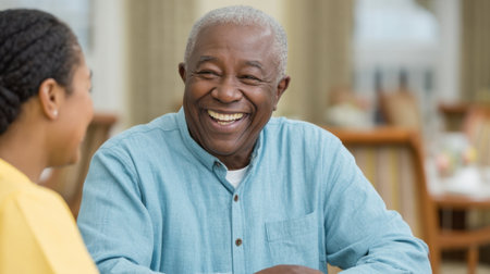 A joyful elderly man smiles warmly during a conversation with a younger woman. The cozy indoor setting with soft natural lighting highlights their connection and happiness.の素材