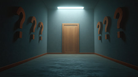 A captivating scene featuring a hallway adorned with question marks, leading to a wooden door, inviting viewers to explore themes of mystery and uncertainty.の素材