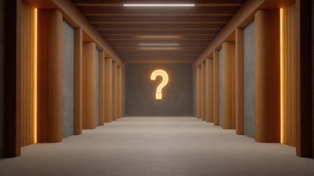 This visually striking image showcases a modern corridor featuring a glowing question mark, symbolizing mystery and exploration within minimalistic design elements.の素材