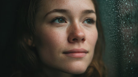 A young woman with a serene expression gazes through a rain-drenched window, capturing a reflective moment enhanced by natural light and soft ambiance.の素材