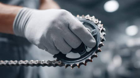 A skilled individual adjusts a bicycle chainring and chain while wearing a protective glove in a well-lit workshop. Perfect for themes of maintenance and craftsmanship.の素材