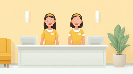 Bright and inviting reception area featuring two friendly women in yellow outfits. This modern workspace creates a welcoming atmosphere for guests and clients alike.の素材