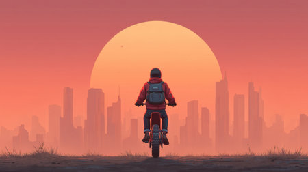 A captivating silhouette of a biker rides into a vibrant urban sunset, where fiery red hues blend with modern architecture, capturing the essence of adventure and freedom.の素材