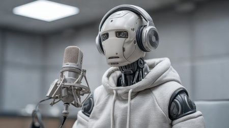 A humanoid robot wearing a hoodie and headphones is positioned at a microphone, symbolizing the intersection of technology and creative audio production in modern society.の素材