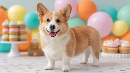 A cheerful corgi dog stands amidst festive balloons and delectable treats, showcasing a playful atmosphere perfect for celebrations and joyful moments indoors.の素材