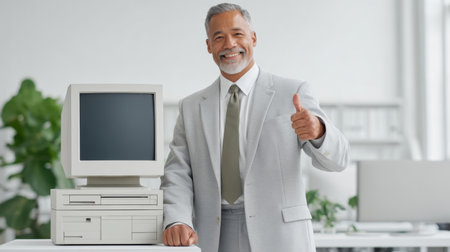 A professional man with gray hair in a suit stands next to a vintage computer, smiling and giving a thumbs up in a bright and modern office filled with greenery.の素材