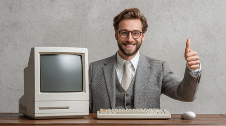 A confident businessman dressed in a suit displays enthusiasm by giving a thumbs-up next to a vintage computer, embodying a mix of retro charm and modern professionalism.の素材