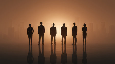 This image features silhouettes of business professionals against a stunning golden sunset, symbolizing teamwork and professional growth in an urban environment.の素材