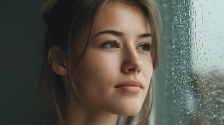 A young woman gazes thoughtfully out of a rain-soaked window, embodying tranquility and reflection in a cozy indoor environment. Perfect for themes of introspection.の素材