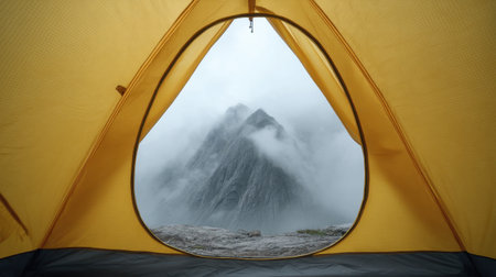 A captivating view of mist-covered mountains framed by a vibrant yellow tent, creating a serene atmosphere perfect for outdoor enthusiasts and nature lovers.の素材