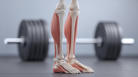 This striking anatomical model showcases the detailed muscle structure of human legs, set against a backdrop of fitness weights, perfect for educational purposes.の素材