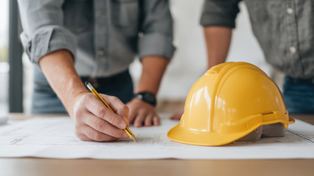 Two construction workers discuss plans on a table with a yellow hard hat beside them, emphasizing the importance of teamwork and careful planning in construction projects.の素材