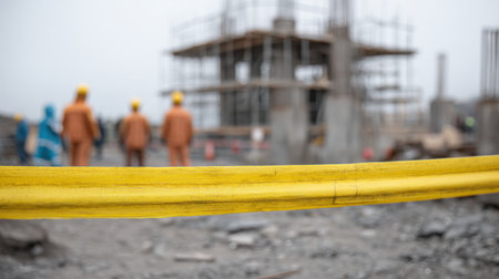 A construction site scene featuring workers in helmets and safety gear, with a focus on yellow caution tape. The blurred background highlights ongoing building activities.の素材