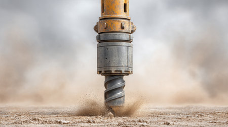 A striking close-up of a robust industrial drill bit actively penetrating the ground, generating clouds of dust and dirt, showcasing the power and precision of construction work.の素材