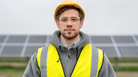 A confident male worker poses in safety gear in front of solar panels on an overcast day, highlighting commitment to renewable energy and sustainable technology initiatives.の素材