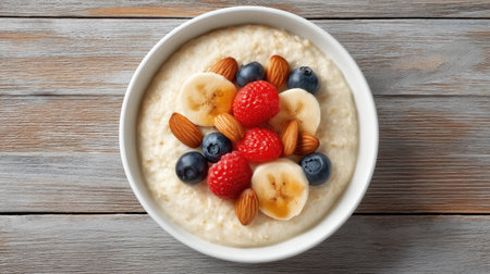 This inviting bowl of creamy oatmeal topped with fresh fruits and nuts serves as a perfect healthy breakfast choice, emphasizing nutrition and wholesome ingredients.の素材