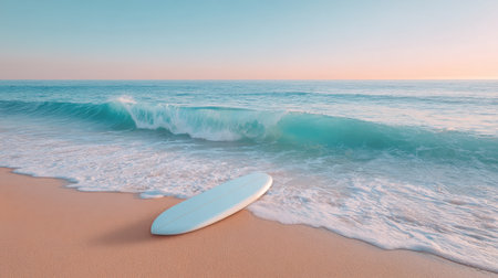 A serene beach scene featuring a surfboard on the sandy shore, gentle waves lapping at the coast, and a tranquil pastel sky during sunset. Perfect for relaxation.の素材