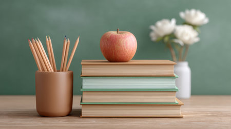 A vibrant classroom setup featuring a stack of textbooks, a bright apple, and pencils in a cozy vase, creating an inspiring and organized study environment.の素材
